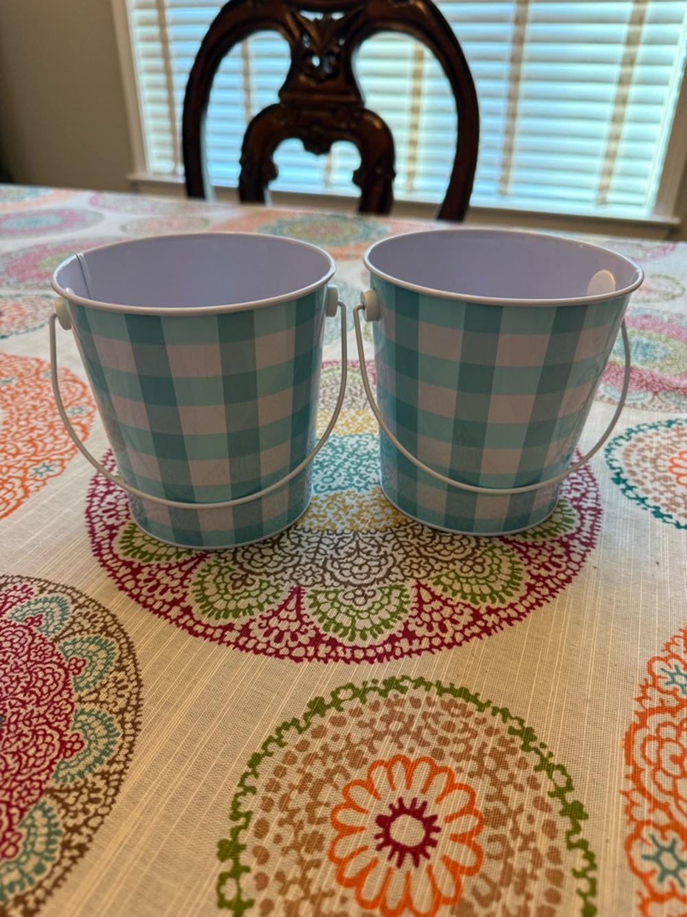 Set of 2 NWT Aqua & White Gingham Metal Buckets